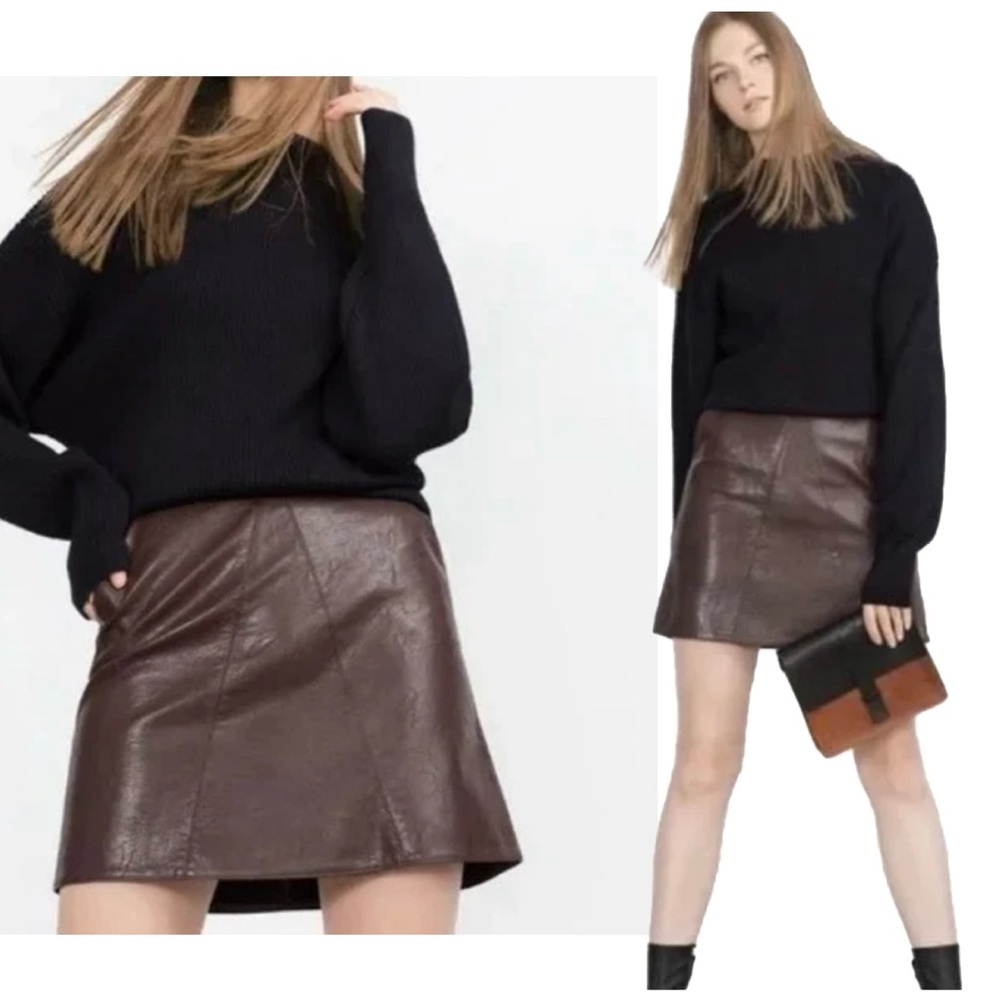 Zara Burgundy Red Faux Leather A-line Mini Skirt Sz M